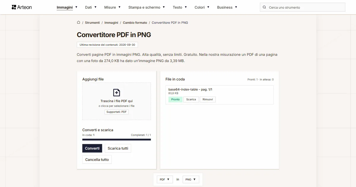 Screenshot dello strumento gratuito Arteon: Convertitore PDF in PNG