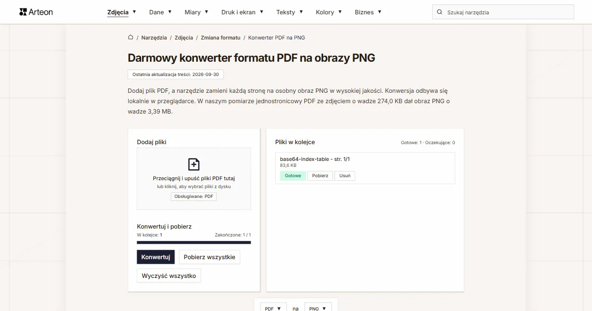 Zrzut ekranu darmowego narzędzia Arteon: Darmowy konwerter formatu PDF na obrazy PNG