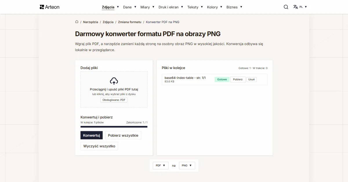 Zrzut ekranu darmowego narzędzia Arteon: Darmowy konwerter formatu PDF na obrazy PNG
