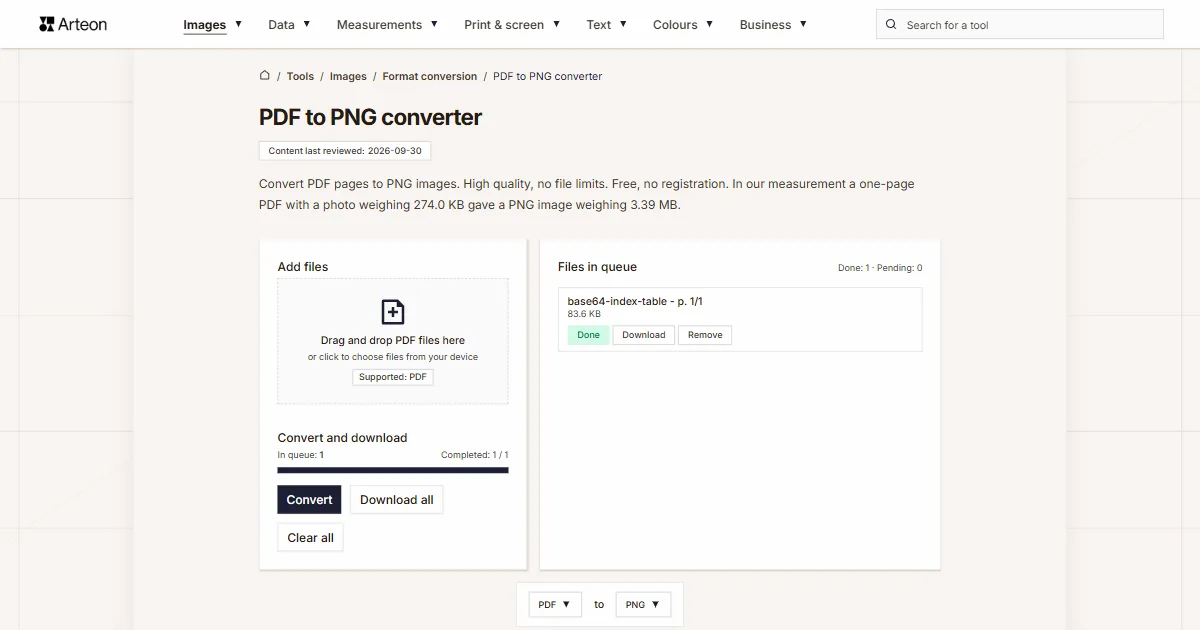 Arteon free tool screenshot: PDF to PNG converter