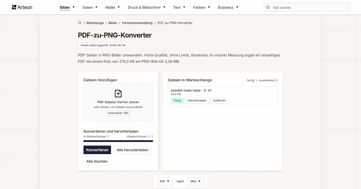 Screenshot des kostenlosen Arteon-Werkzeugs: PDF-zu-PNG-Konverter