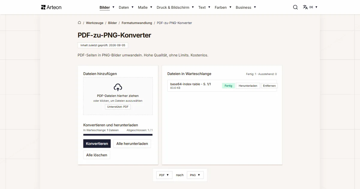 Screenshot des kostenlosen Arteon-Werkzeugs: PDF-zu-PNG-Konverter