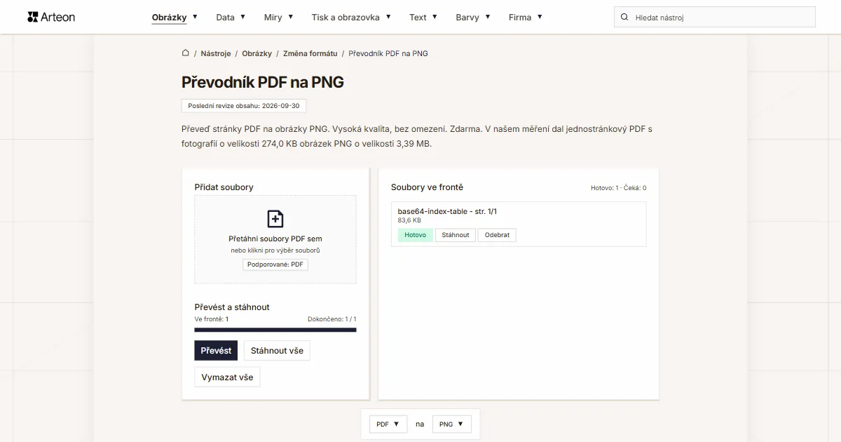 Snímek obrazovky bezplatného nástroje Arteon: Převodník PDF na PNG
