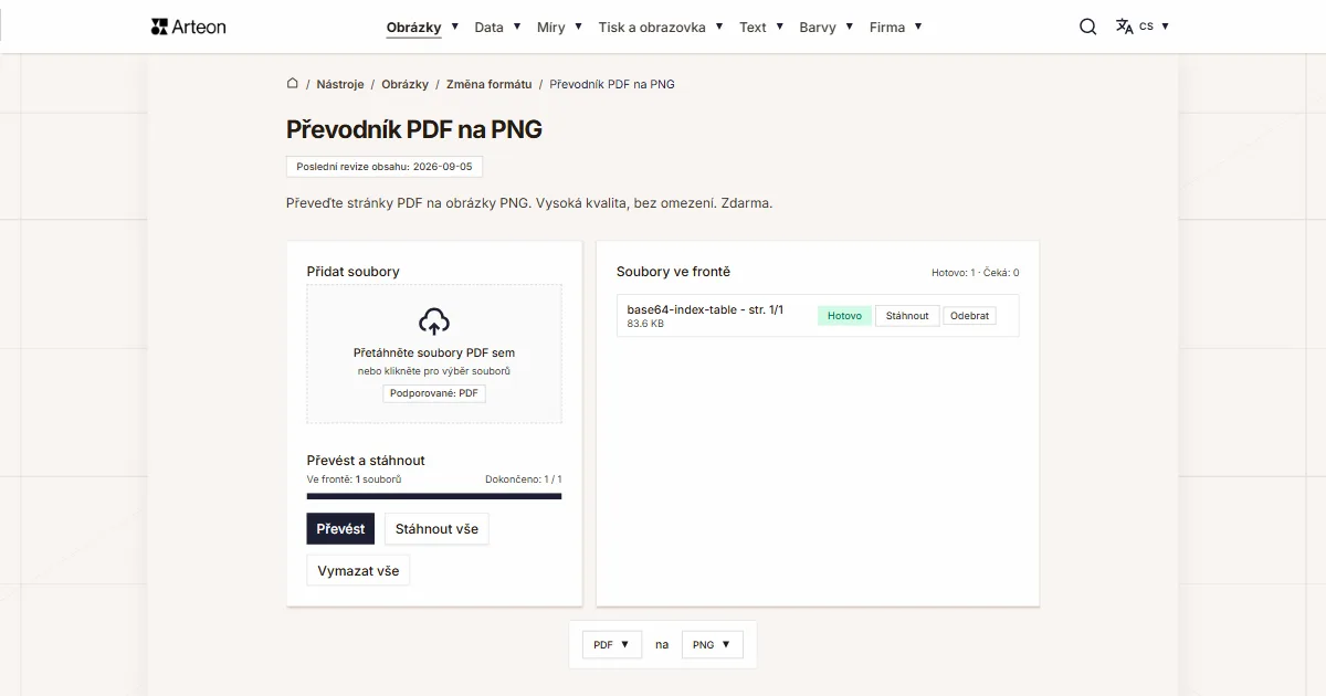 Snímek obrazovky bezplatného nástroje Arteon: Převodník PDF na PNG