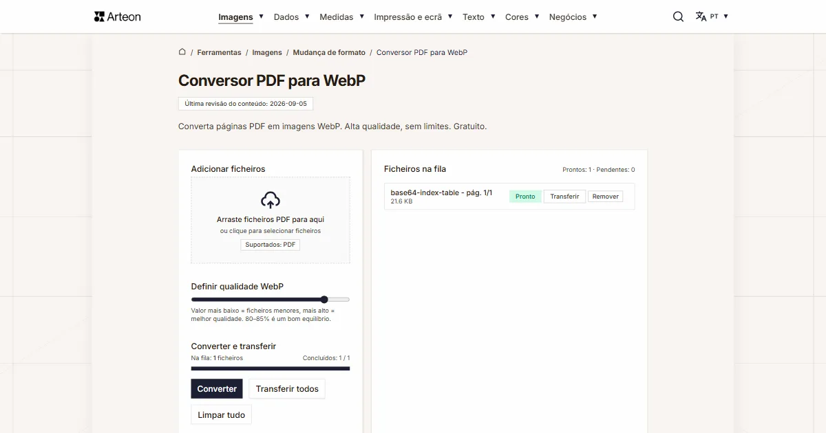 Captura de ecrã da ferramenta gratuita da Arteon: Conversor PDF para WebP