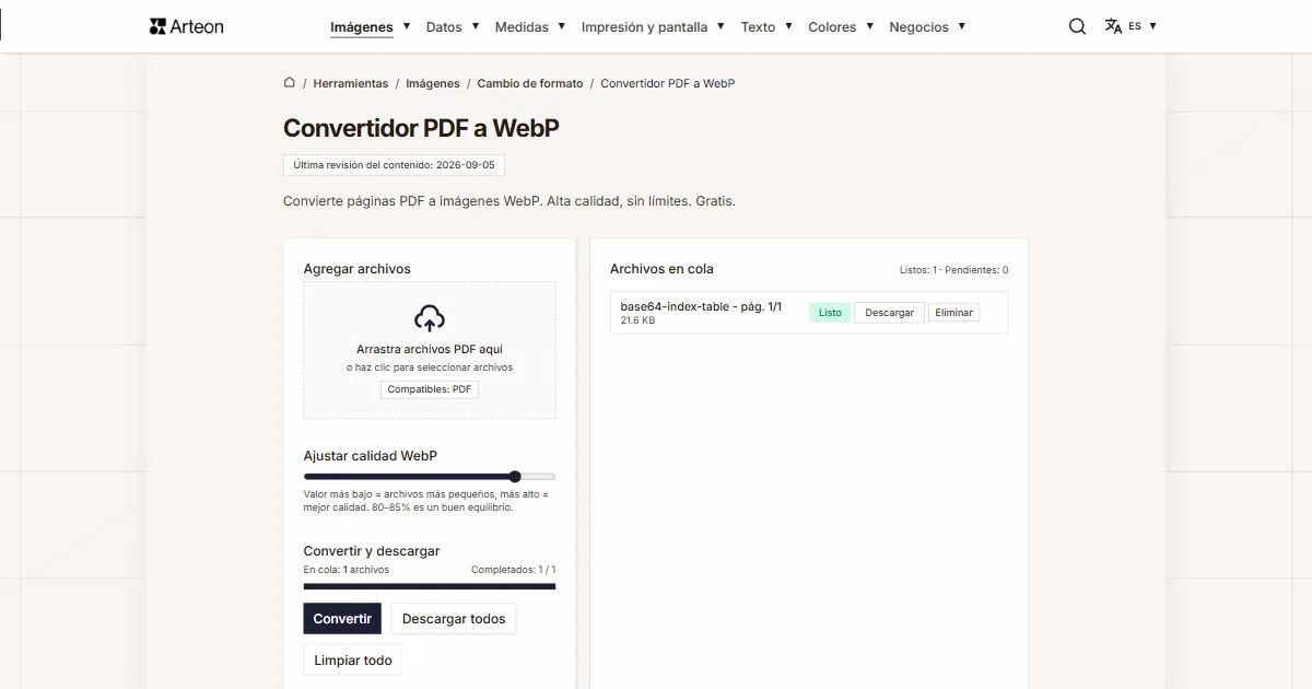 Captura de pantalla de la herramienta gratuita de Arteon: Convertidor PDF a WebP
