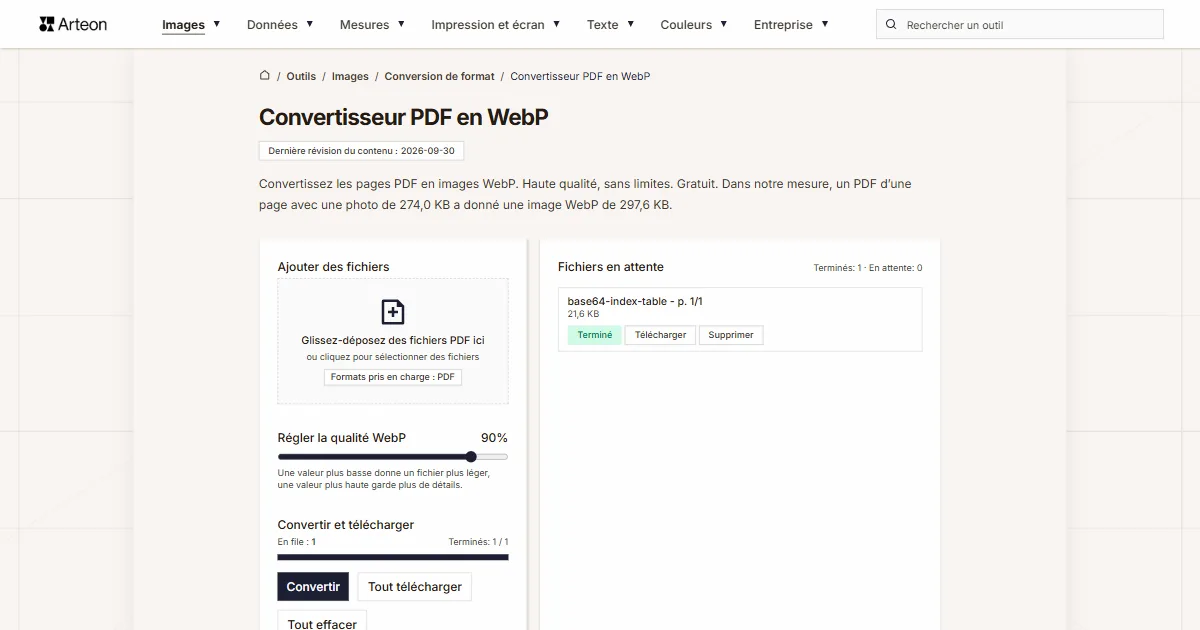 Capture d'écran de l'outil gratuit d'Arteon: Convertisseur PDF en WebP