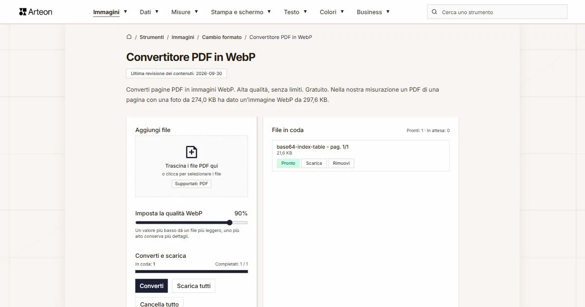 Screenshot dello strumento gratuito Arteon: Convertitore PDF in WebP