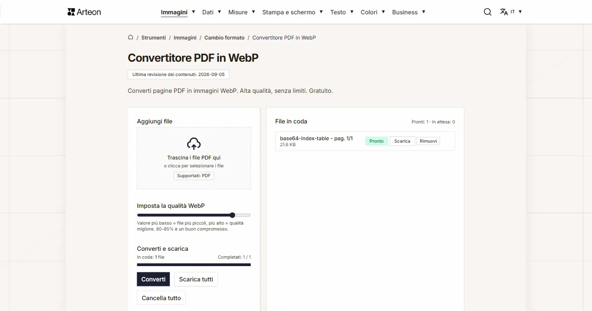 Screenshot dello strumento gratuito Arteon: Convertitore PDF in WebP