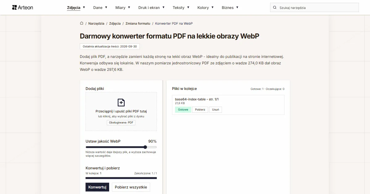 Zrzut ekranu darmowego narzędzia Arteon: Darmowy konwerter formatu PDF na lekkie obrazy WebP
