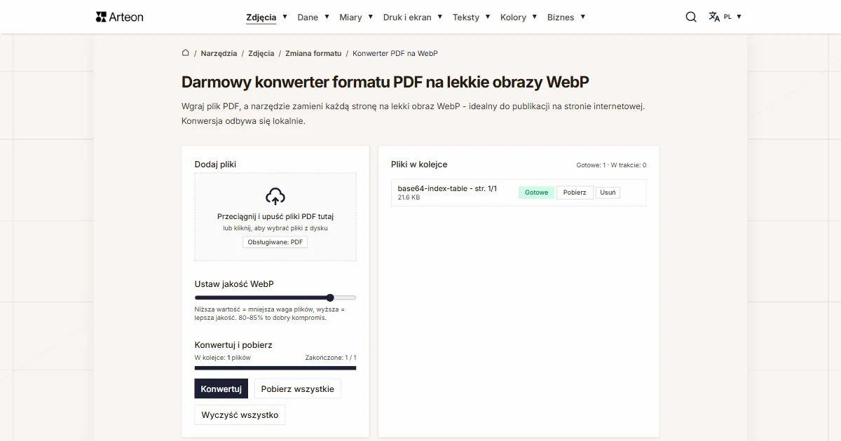 Zrzut ekranu darmowego narzędzia Arteon: Darmowy konwerter formatu PDF na lekkie obrazy WebP
