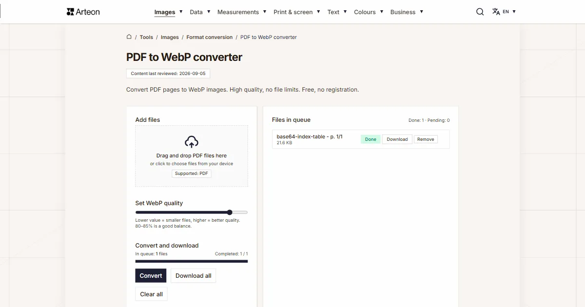 Arteon free tool screenshot: PDF to WebP converter