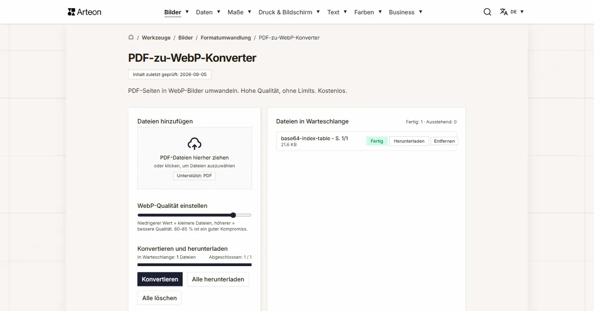 Screenshot des kostenlosen Arteon-Werkzeugs: PDF-zu-WebP-Konverter