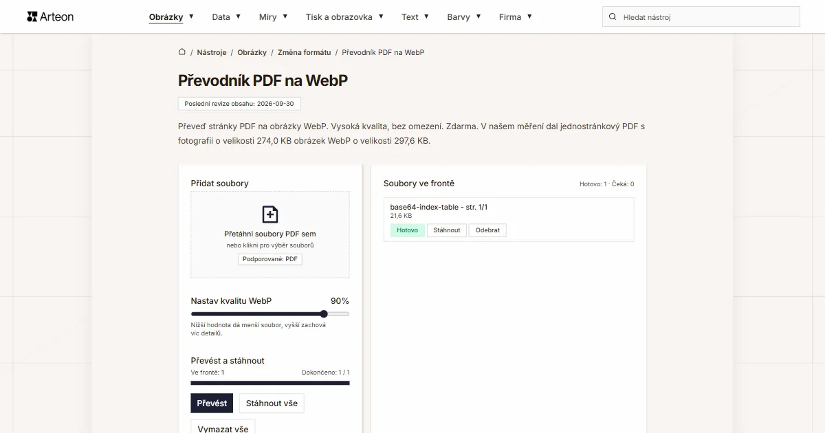Snímek obrazovky bezplatného nástroje Arteon: Převodník PDF na WebP