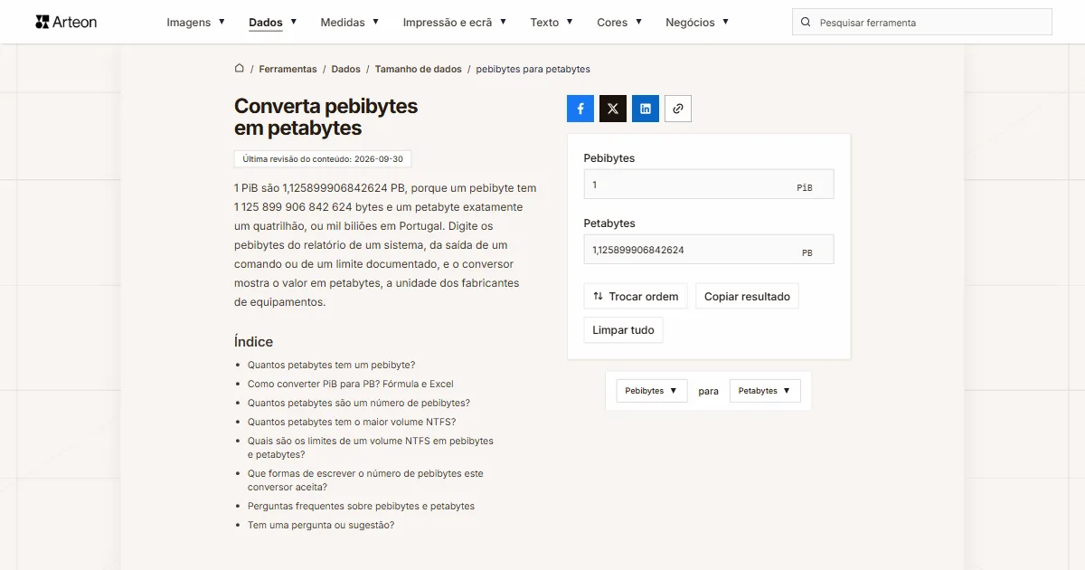 Captura de ecrã da ferramenta gratuita da Arteon: Converta pebibytes em petabytes
