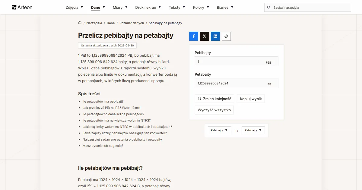Zrzut ekranu darmowego narzędzia Arteon: Przelicz pebibajty na petabajty