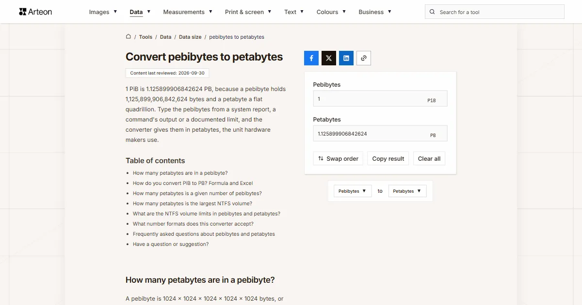 Arteon free tool screenshot: Convert pebibytes to petabytes