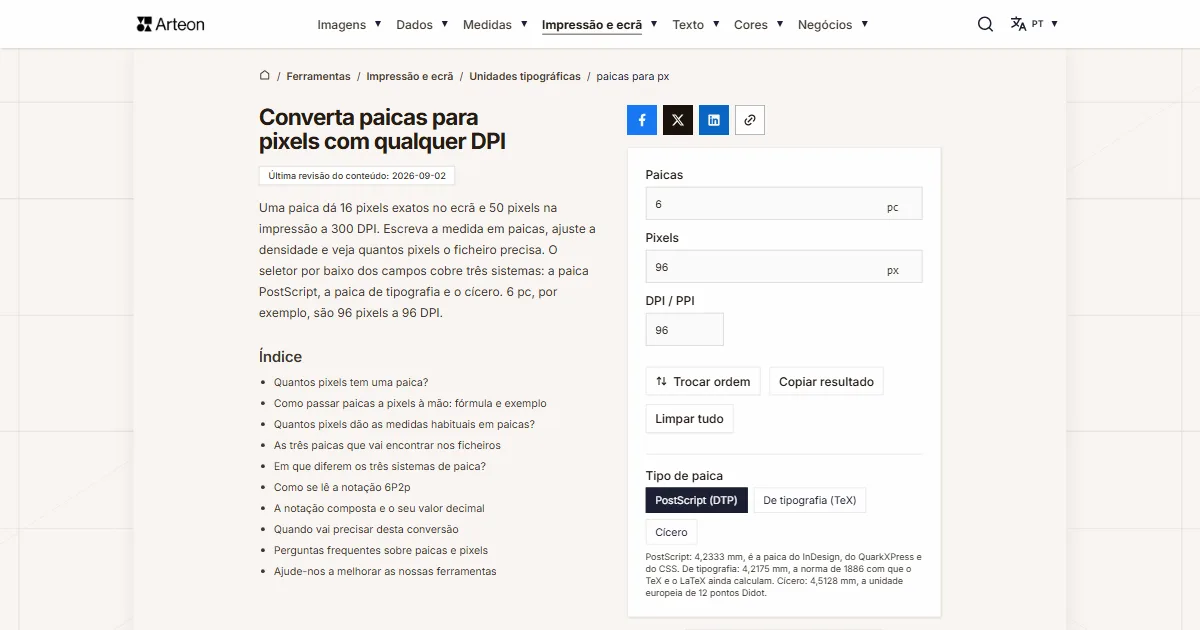 Captura de ecrã da ferramenta gratuita da Arteon: Converta paicas para pixels com qualquer DPI