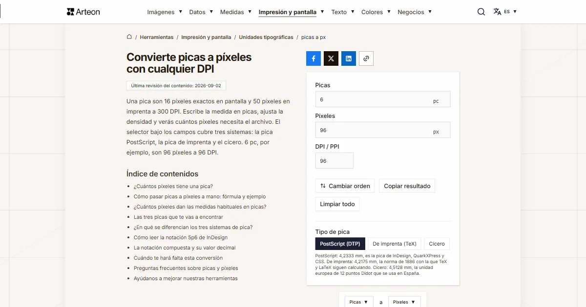 Captura de pantalla de la herramienta gratuita de Arteon: Convierte picas a píxeles con cualquier DPI