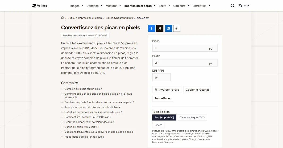 Capture d'écran de l'outil gratuit d'Arteon: Convertissez des picas en pixels