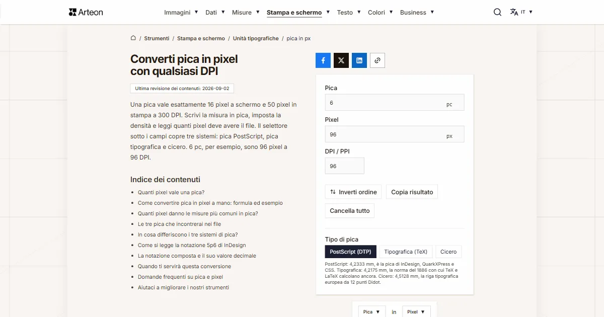 Screenshot dello strumento gratuito Arteon: Converti pica in pixel con qualsiasi DPI
