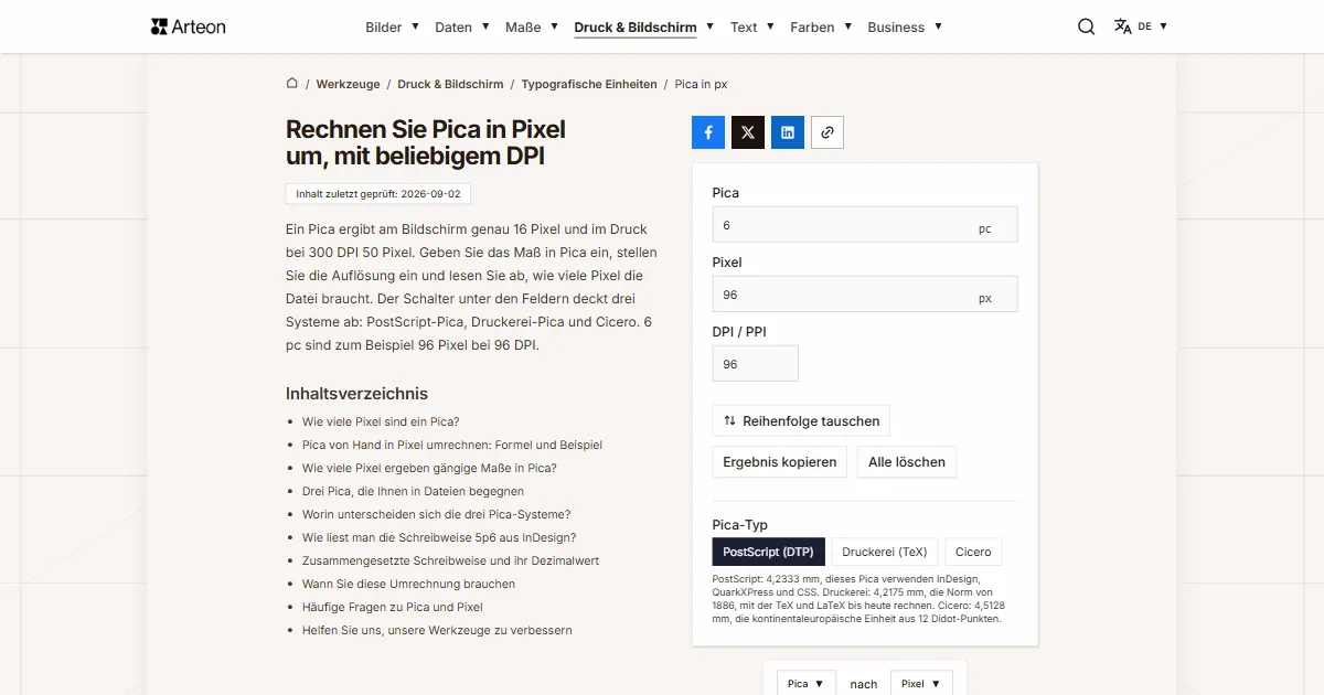 Screenshot des kostenlosen Arteon-Werkzeugs: Rechnen Sie Pica in Pixel um, mit beliebigem DPI