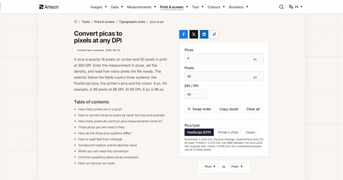 Arteon free tool screenshot: Convert picas to pixels at any DPI