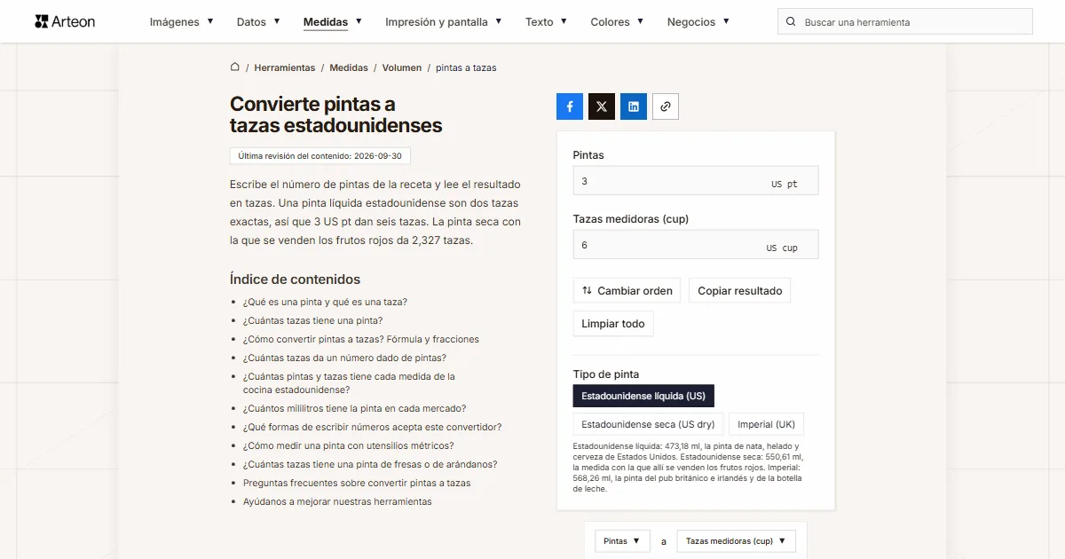 Captura de pantalla de la herramienta gratuita de Arteon: Convierte pintas a tazas estadounidenses