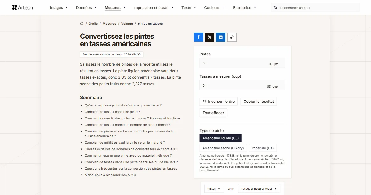 Capture d'écran de l'outil gratuit d'Arteon: Convertissez les pintes en tasses américaines