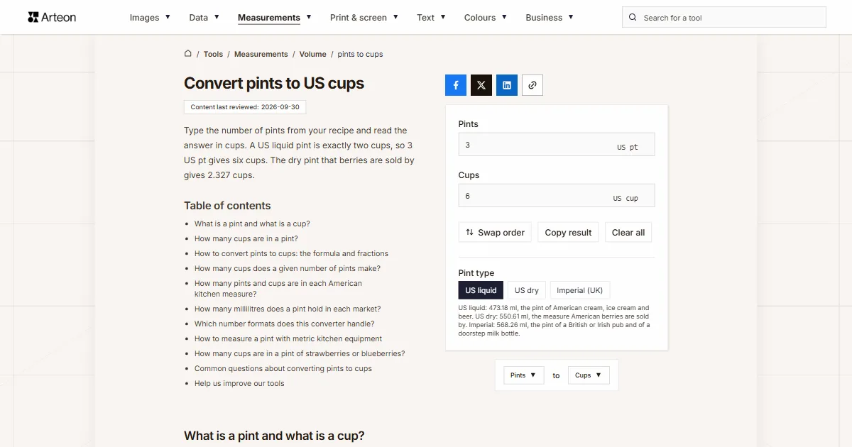 Arteon free tool screenshot: Convert pints to US cups