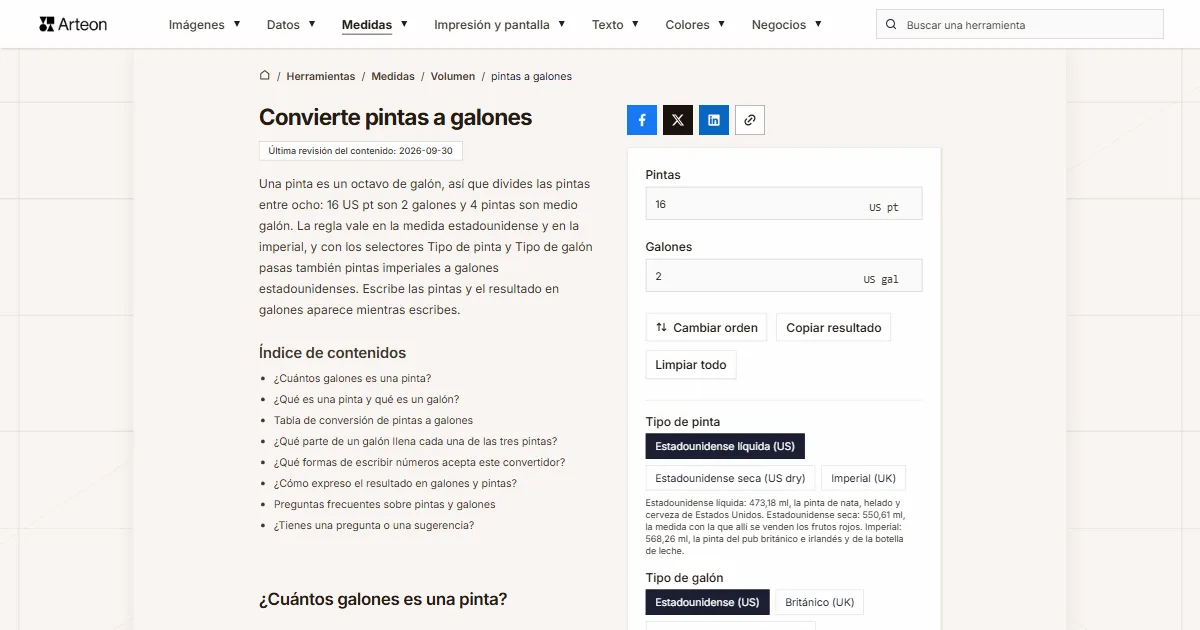 Captura de pantalla de la herramienta gratuita de Arteon: Convierte pintas a galones