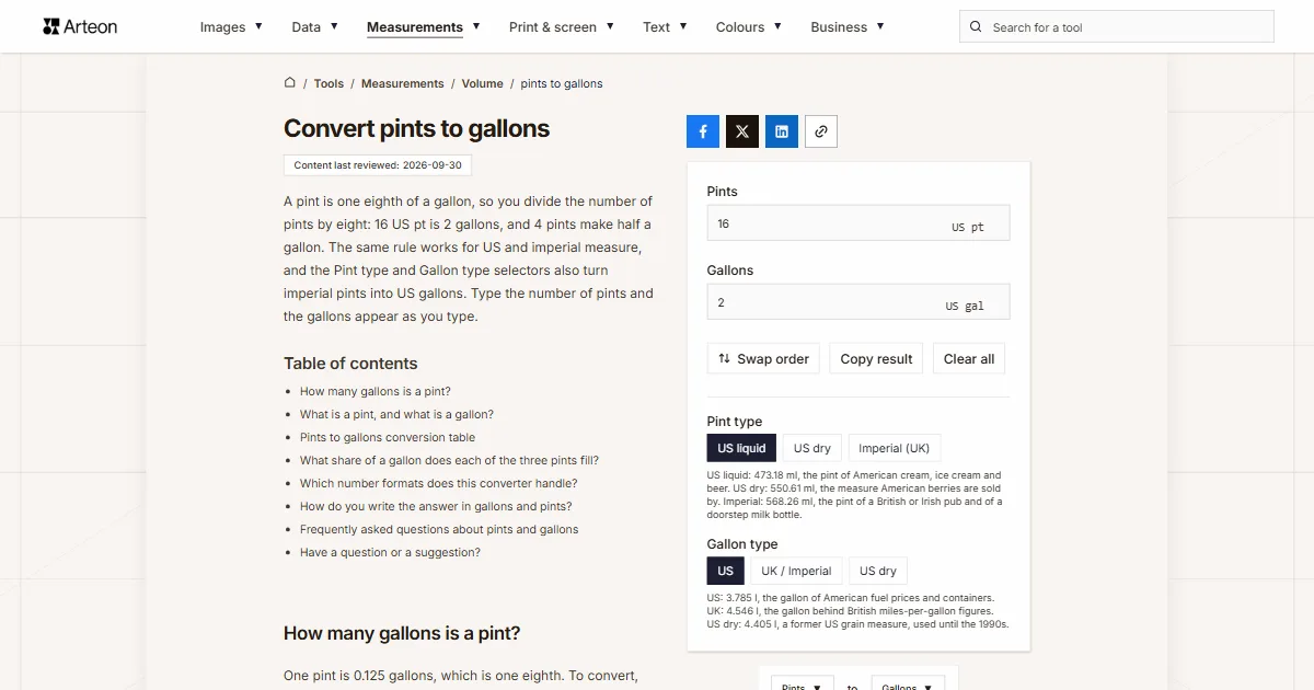 Arteon free tool screenshot: Convert pints to gallons