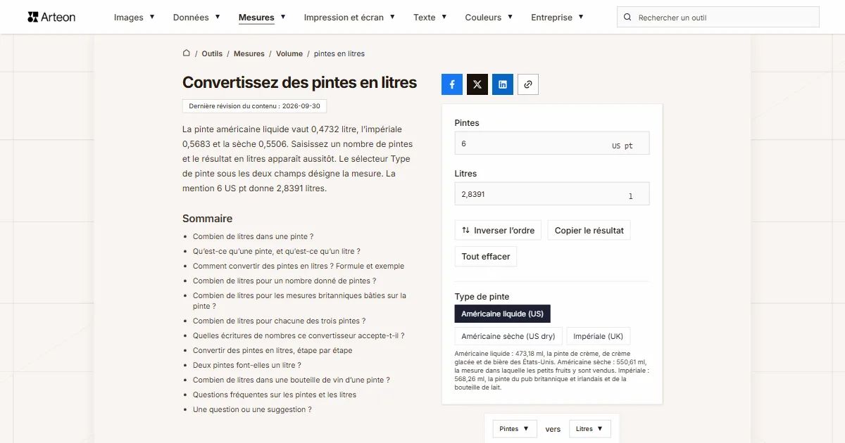 Capture d'écran de l'outil gratuit d'Arteon: Convertissez des pintes en litres