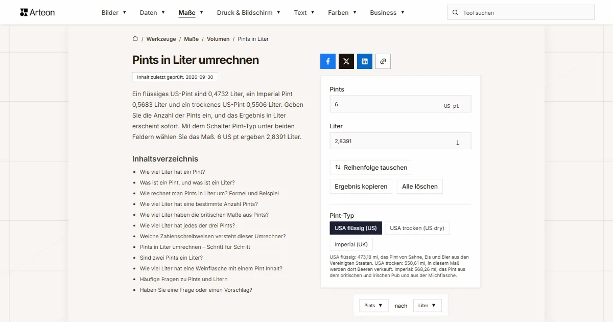 Screenshot des kostenlosen Arteon-Werkzeugs: Pints in Liter umrechnen
