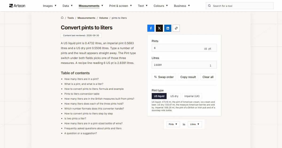 Arteon free tool screenshot: Convert pints to liters