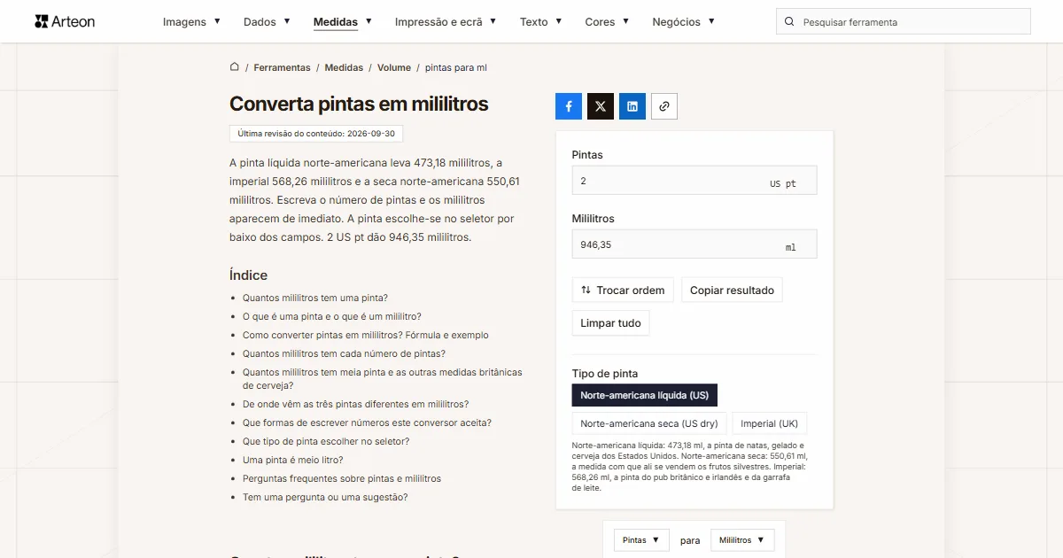 Captura de ecrã da ferramenta gratuita da Arteon: Converta pintas em mililitros