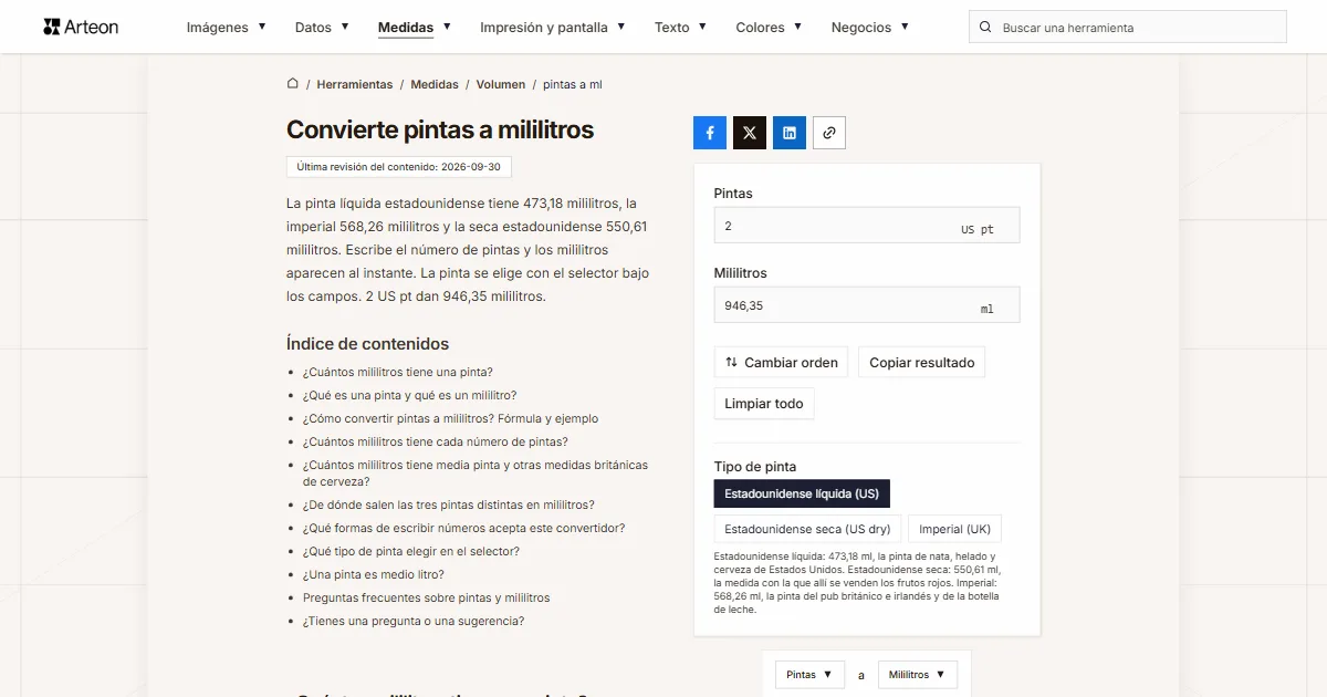 Captura de pantalla de la herramienta gratuita de Arteon: Convierte pintas a mililitros