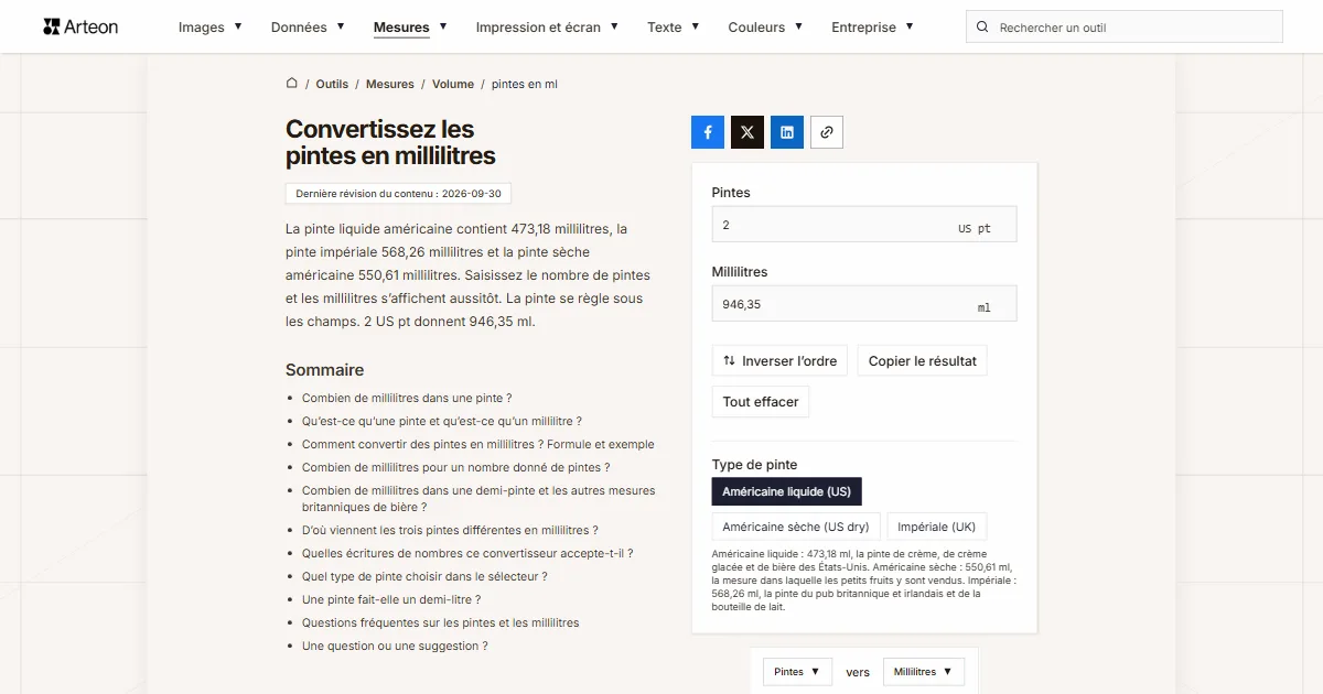 Capture d'écran de l'outil gratuit d'Arteon: Convertissez les pintes en millilitres