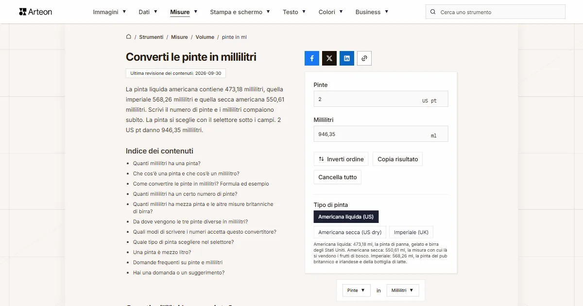 Screenshot dello strumento gratuito Arteon: Converti le pinte in millilitri