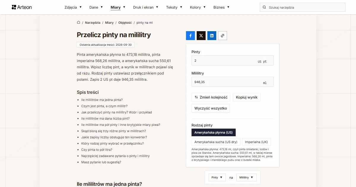 Zrzut ekranu darmowego narzędzia Arteon: Przelicz pinty na mililitry