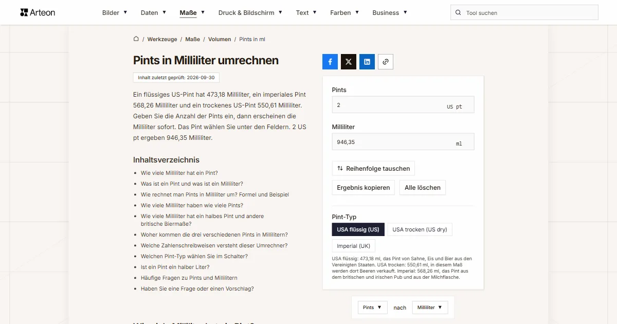 Screenshot des kostenlosen Arteon-Werkzeugs: Pints in Milliliter umrechnen
