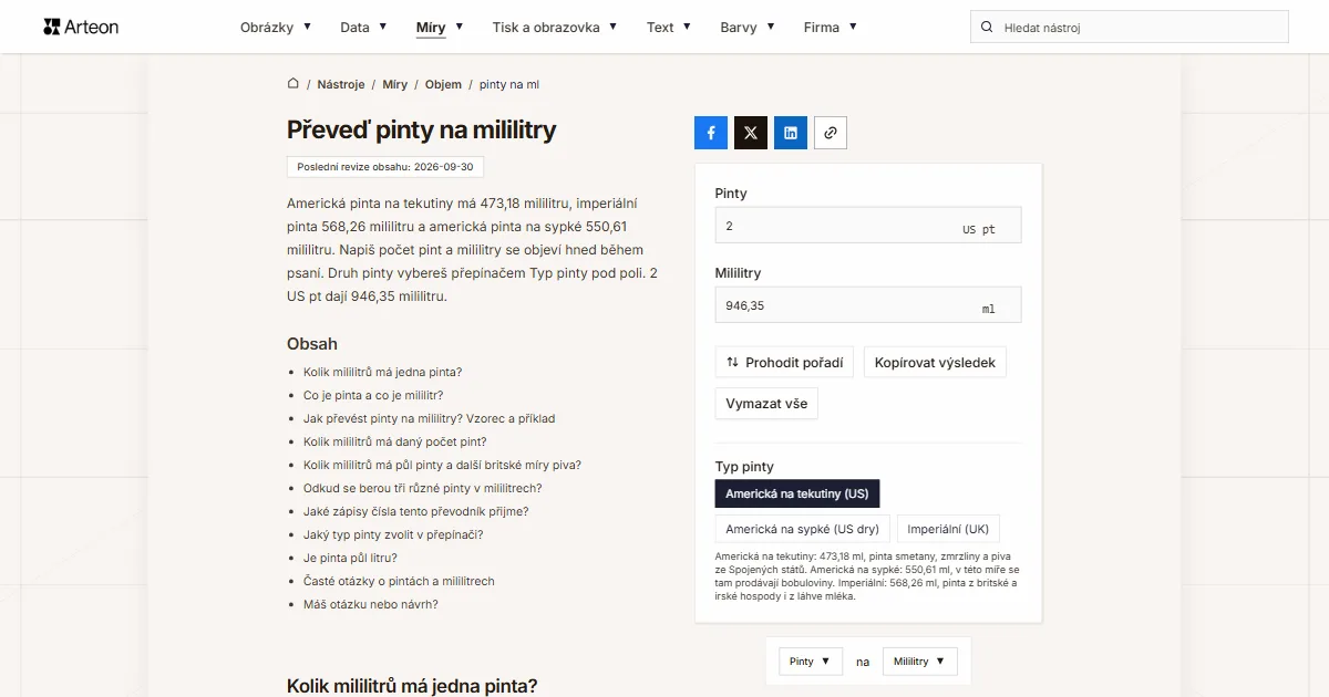 Snímek obrazovky bezplatného nástroje Arteon: Převeď pinty na mililitry