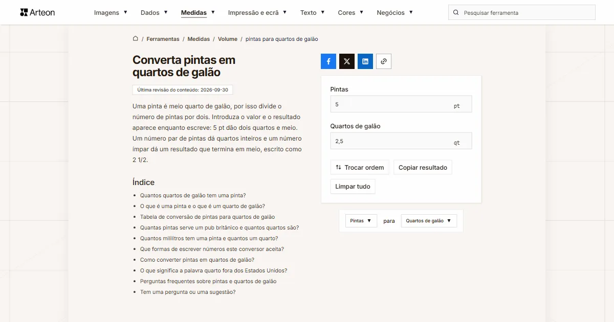 Captura de ecrã da ferramenta gratuita da Arteon: Converta pintas em quartos de galão