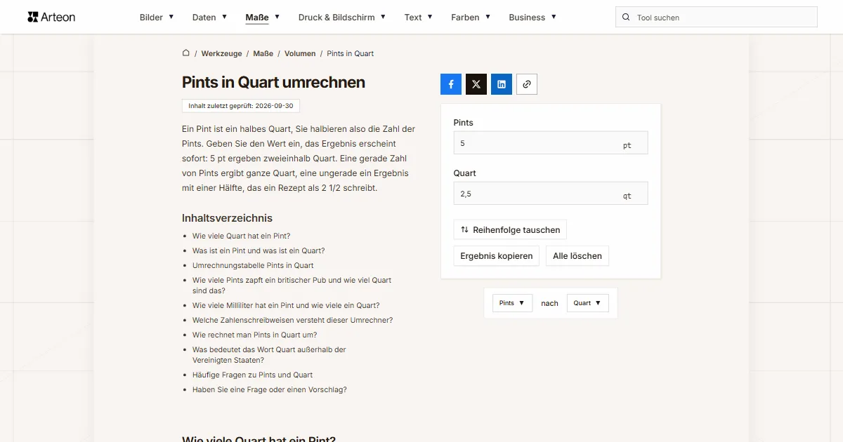 Screenshot des kostenlosen Arteon-Werkzeugs: Pints in Quart umrechnen