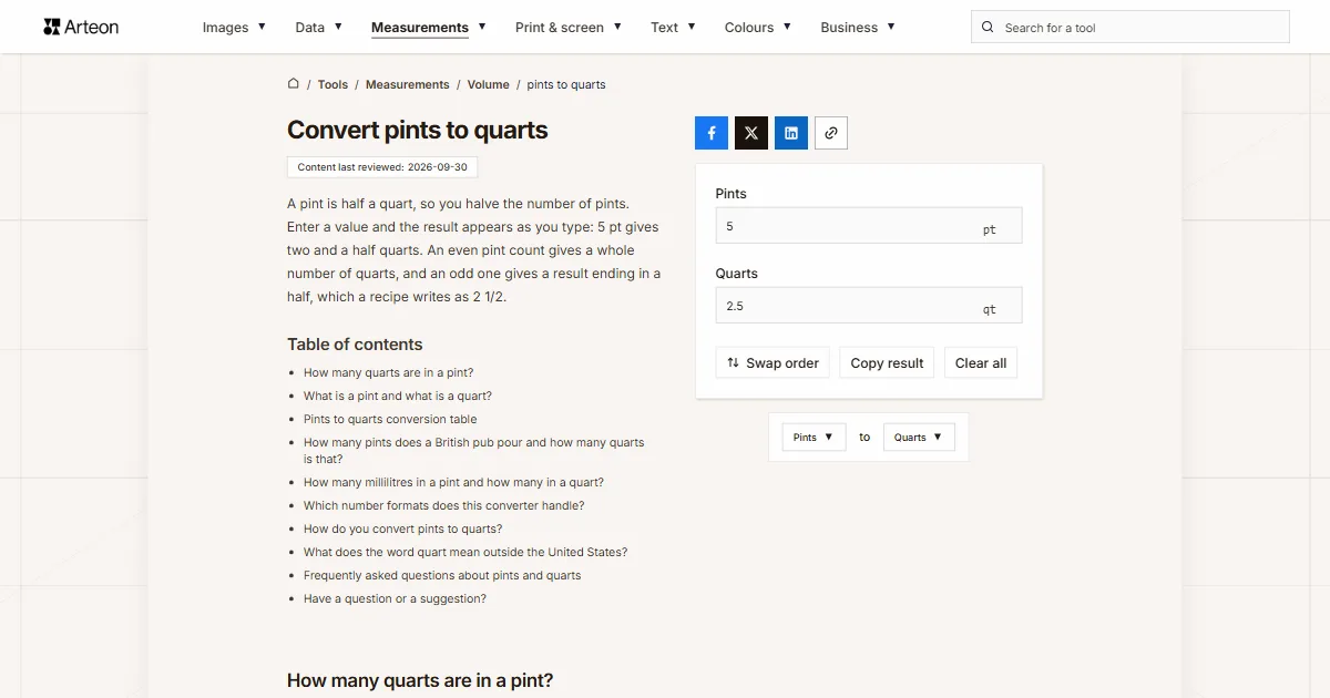 Arteon free tool screenshot: Convert pints to quarts
