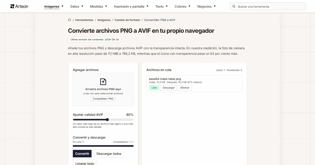 Captura de pantalla de la herramienta gratuita de Arteon: Convierte archivos PNG a AVIF en tu propio navegador