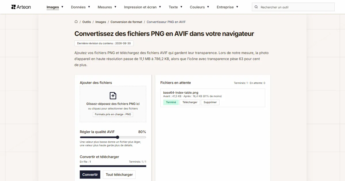 Capture d'écran de l'outil gratuit d'Arteon: Convertissez des fichiers PNG en AVIF dans votre navigateur