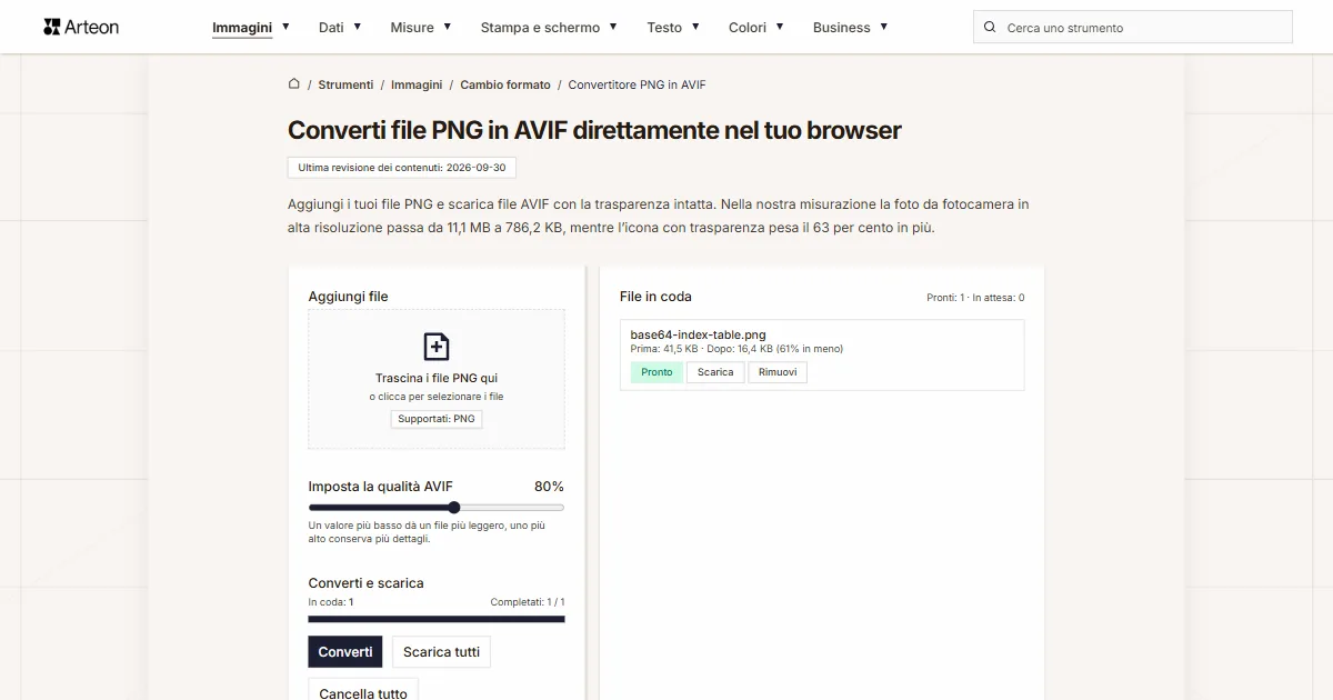 Screenshot dello strumento gratuito Arteon: Converti file PNG in AVIF direttamente nel tuo browser