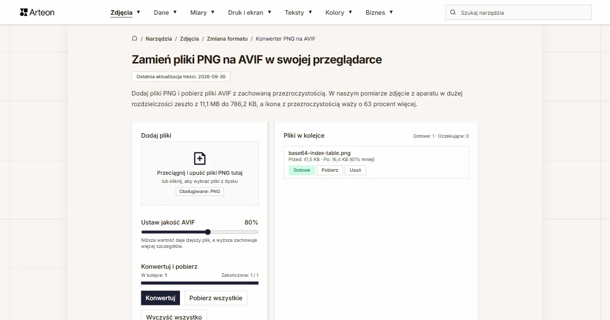 Zrzut ekranu darmowego narzędzia Arteon: Zamień pliki PNG na AVIF w swojej przeglądarce