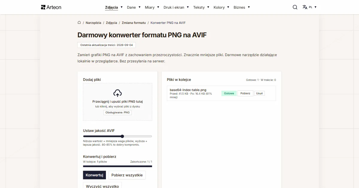 Zrzut ekranu darmowego narzędzia Arteon: Darmowy konwerter formatu PNG na AVIF